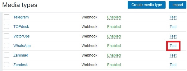 Test WA media type in Zabbix UI