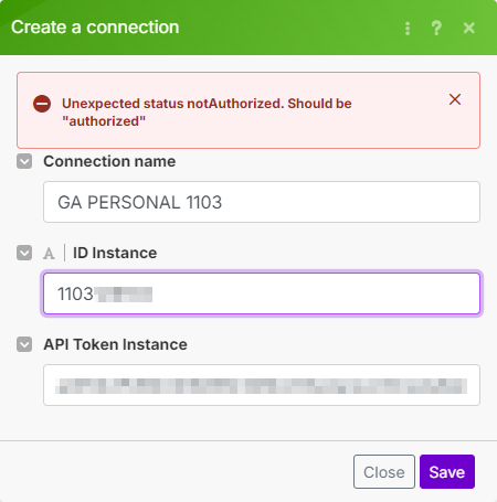 Image with error when connecting instance