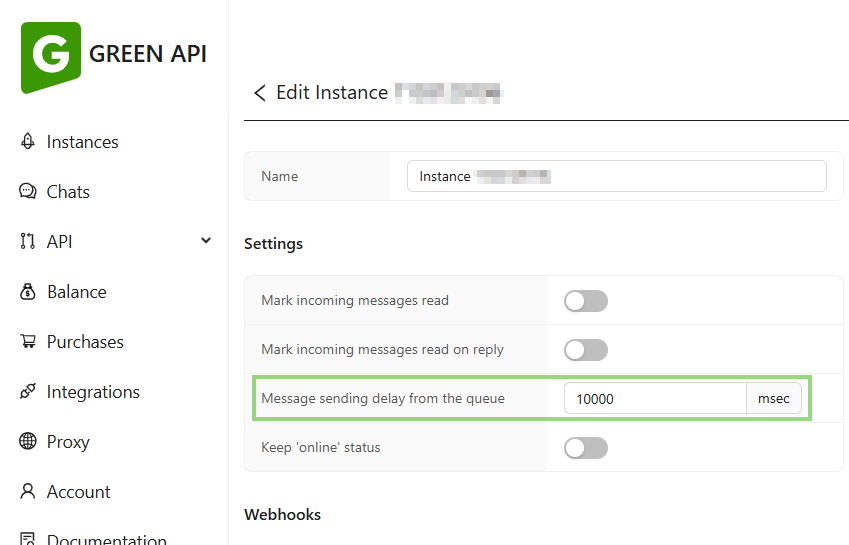 Setting the interval in the GREEN-API console